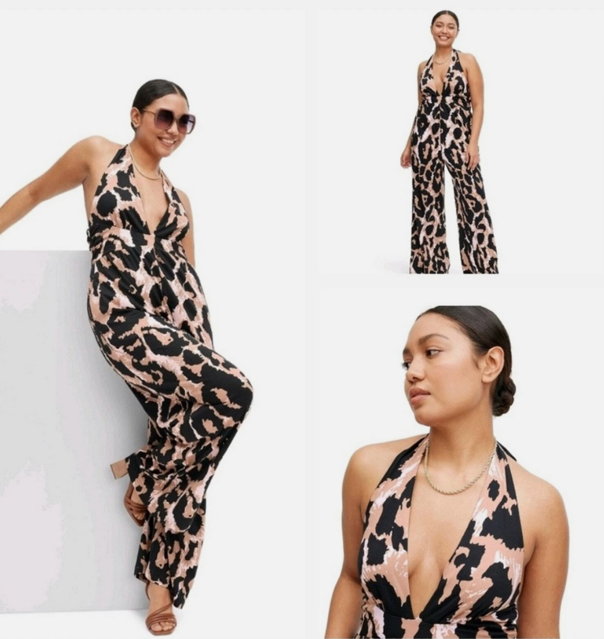 Diane Von Furstenburg Women's Halter Leopard Neutral Jumpsuit