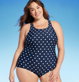 Lands' End UPF 50 Full Coverage Polka Dot High Neck Tugless One Piece Swimsuit - Navy