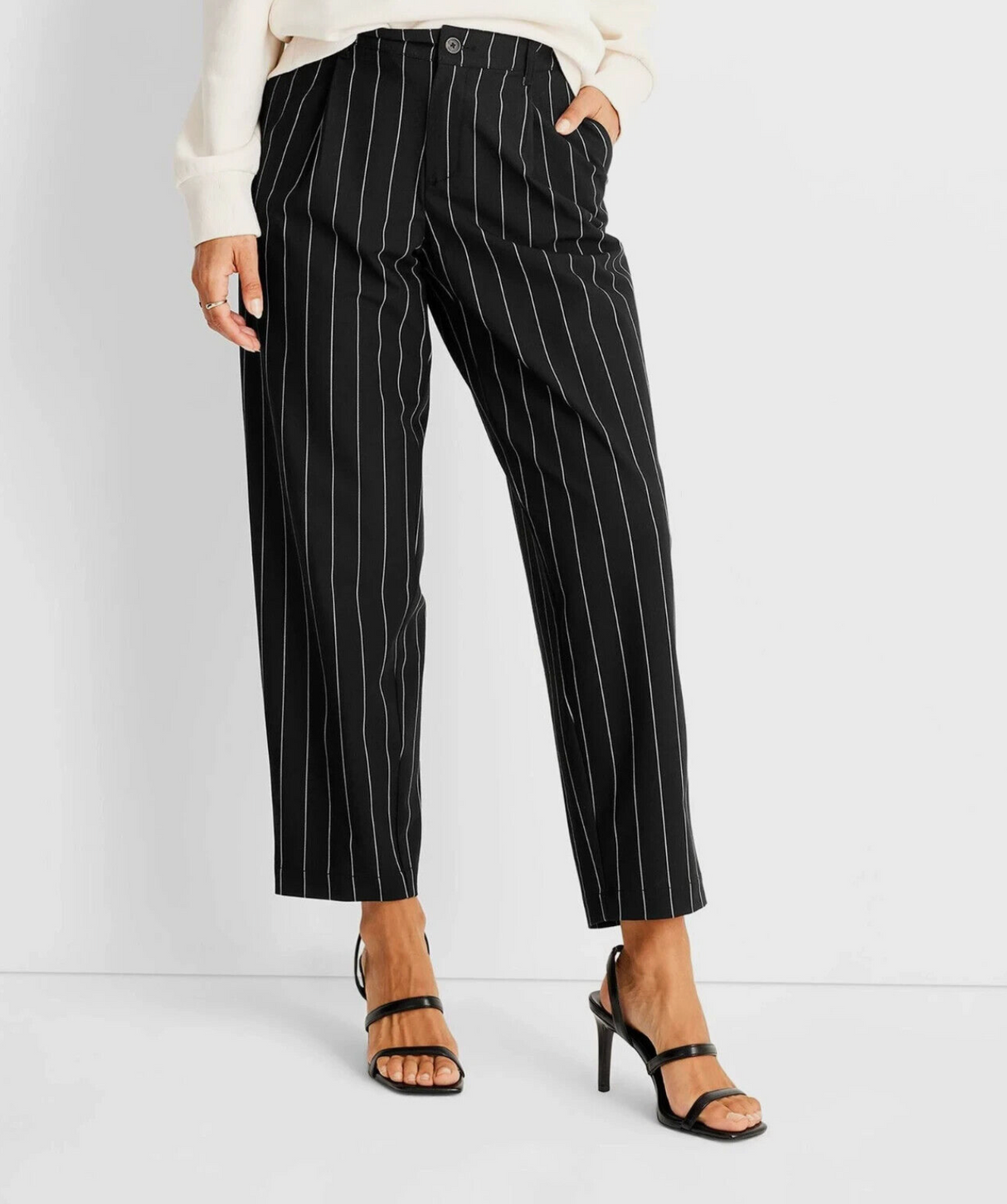 Future Collective Mid Rise Front Pleated Black Pinstripe Pants