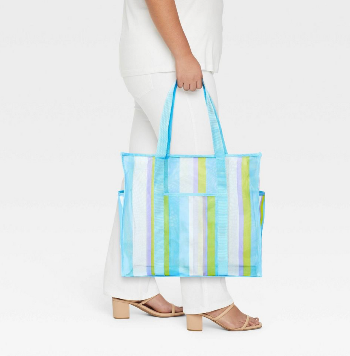 Shade & Shore Blue/Striped Mesh Tote Handbag